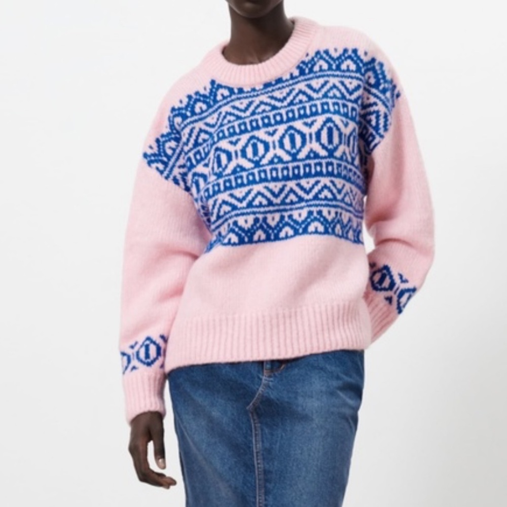 Zara Pink and Blue Patterned Crew Neck Sweater